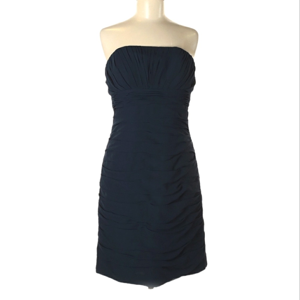 Bill Levkoff Strapless Cocktail Dress Size 10 Navy Blue Ruching Back Zipper
